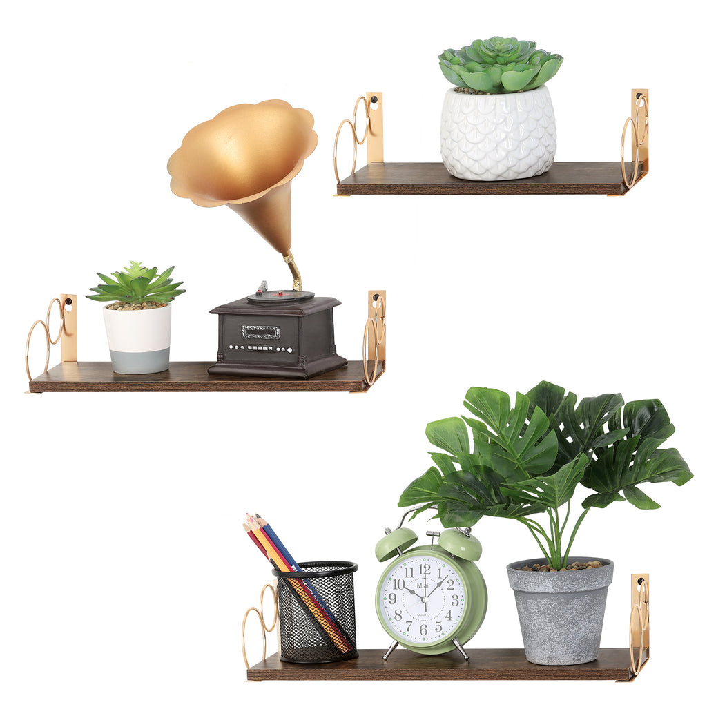 Torched Finish Floating Shelves with Gold Circular Brackets - Set of 3 Wall Mounted Display Shelves