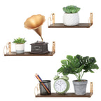 Torched Finish Floating Shelves with Gold Circular Brackets - Set of 3 Wall Mounted Display Shelves