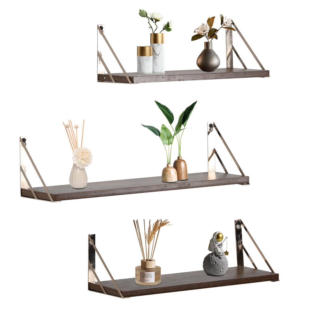 Rustic Brown Floating Wall Shelves with Metal Frame - 3-Piece Set for Bathroom, Kitchen, and Living Room