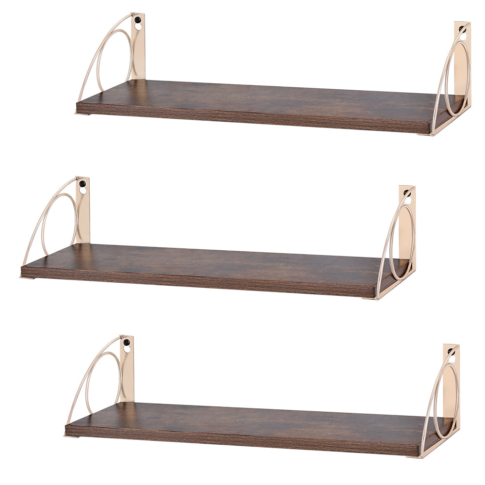 Modern Arched Floating Shelves Set of 3 - Gold Metal & Dark Wood Wall Shelves for Sophisticated Decor