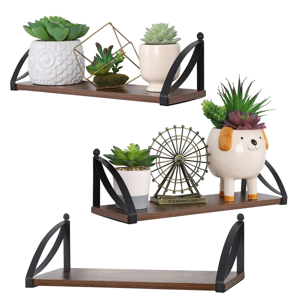 Decorative Shelf Brackets with Rustic Wood Boards - Wall Mounted Plant and Decor Display Shelves