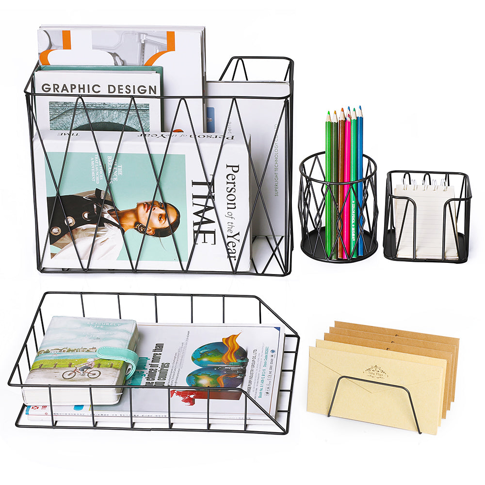 5-Piece Wire Mesh Desk Organizer Set - Office Accessories with File Tray, Pen Holder, and Note Pad Stand