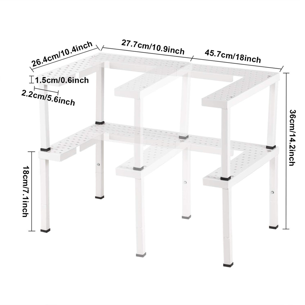 Adjustable 2-Tier White Iron Spice Rack, Stackable and Expandable Kitchen Cabinet and Pantry Organizer Shelf