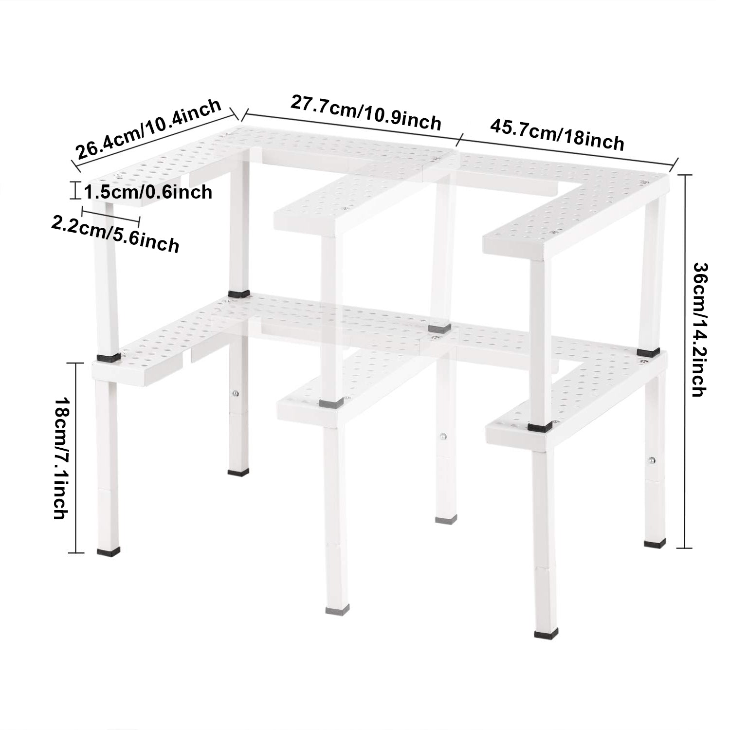 Adjustable 2-Tier White Iron Spice Rack, Stackable and Expandable Kitchen Cabinet and Pantry Organizer Shelf
