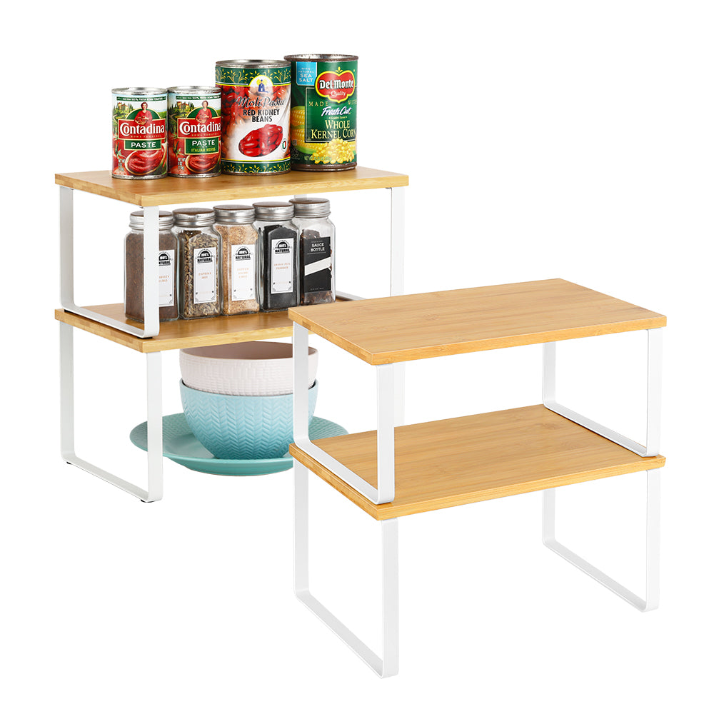 4-Pack Stackable Cabinet Shelf Organizers - White Metal & Wood Kitchen Counter Storage Shelves