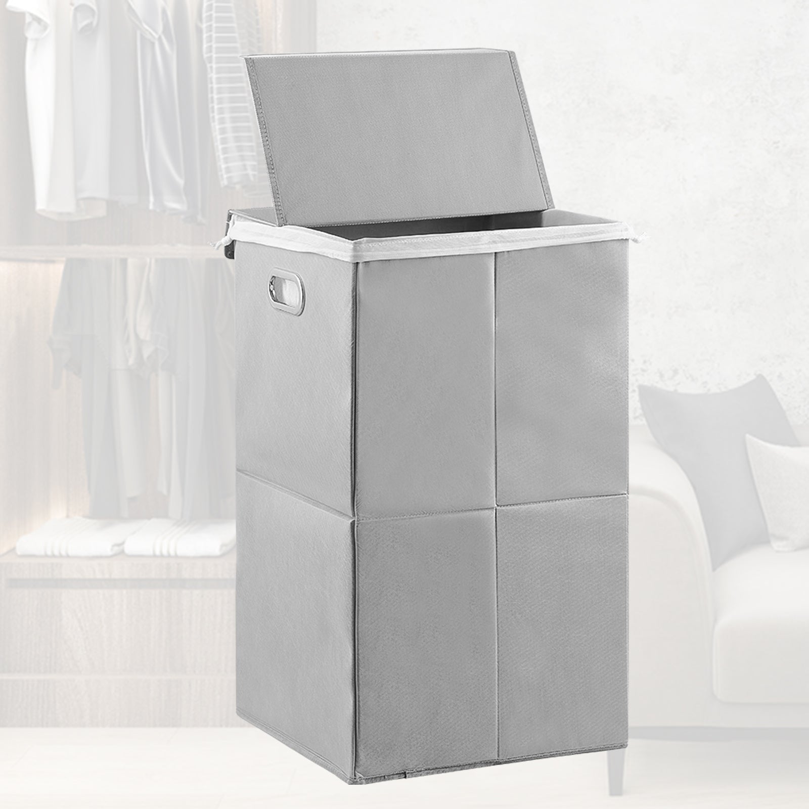 Large Collapsible Laundry Basket with Lid & Liner - Waterproof Clothes Hamper with Handles, Grey
