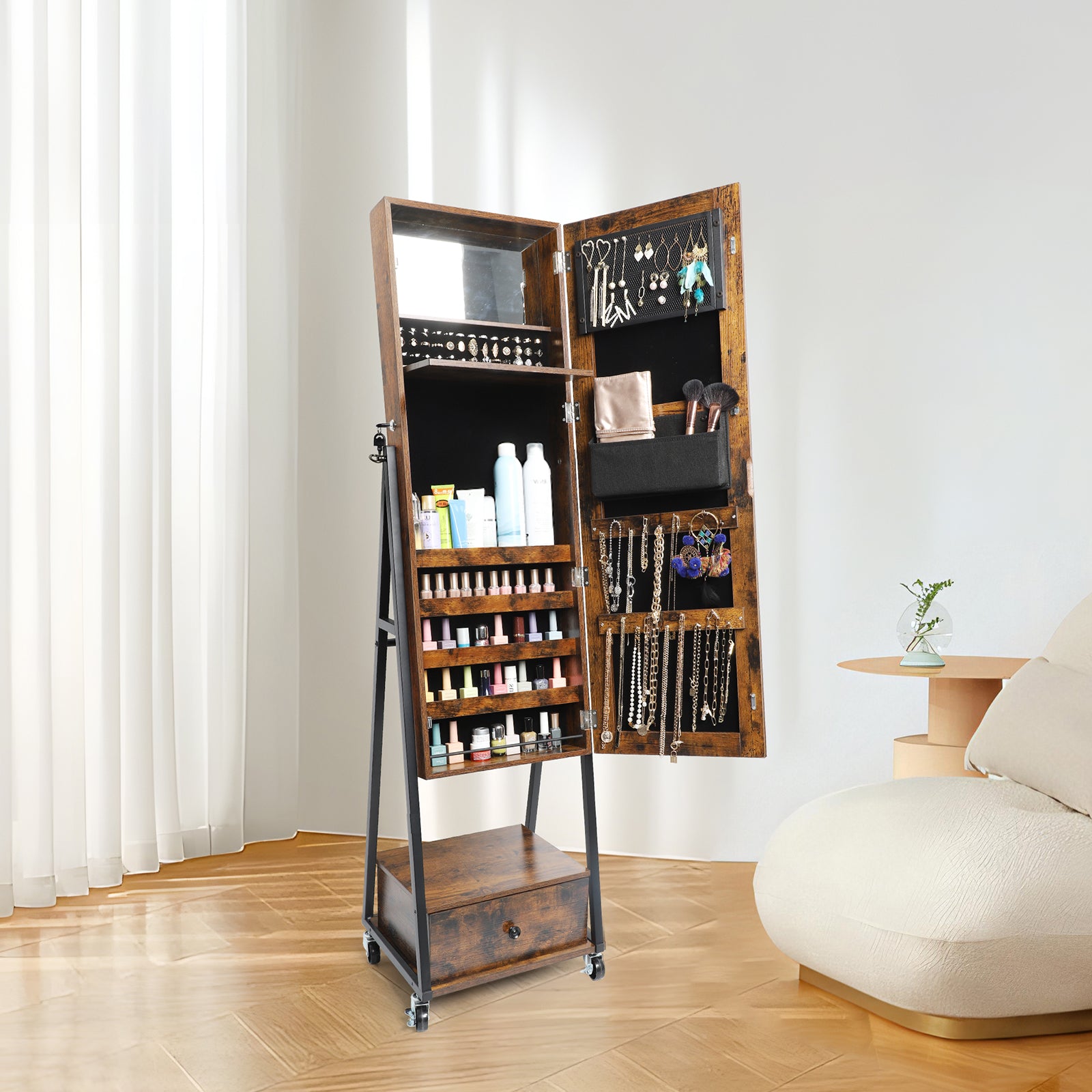 Floor Standing Jewelry Cabinet Armoire - Large Capacity Storage with Interior Mirror and Drawer