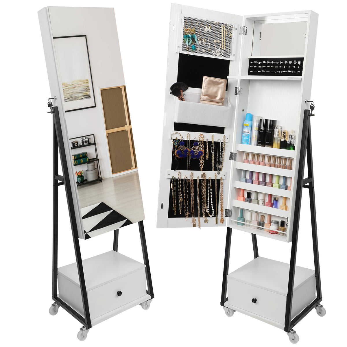 Floor Standing Jewelry Cabinet Armoire - Large Capacity Storage with Interior Mirror and Drawer