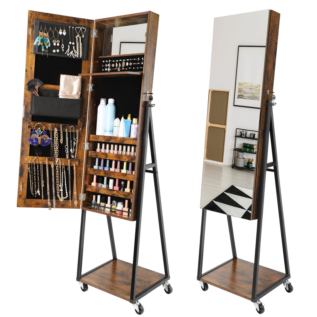 Full-Length Mirror Jewelry Cabinet Armoire - Standing Jewelry Organizer with Wood Grain Finish