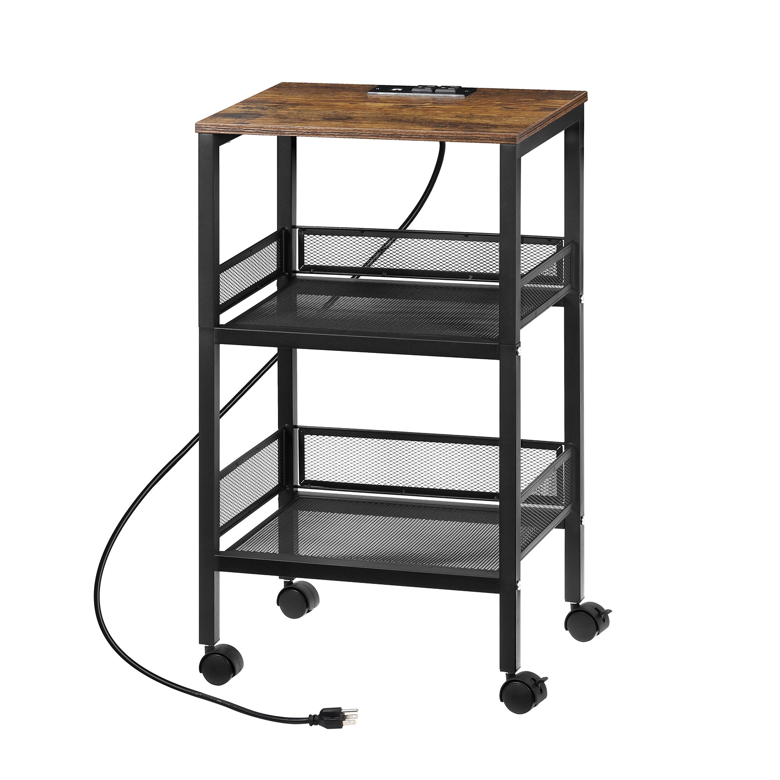 3-Tier Tall End Table with Charging Station - Sofa Side Table with USB Ports and Power Outlets, Rustic Brown