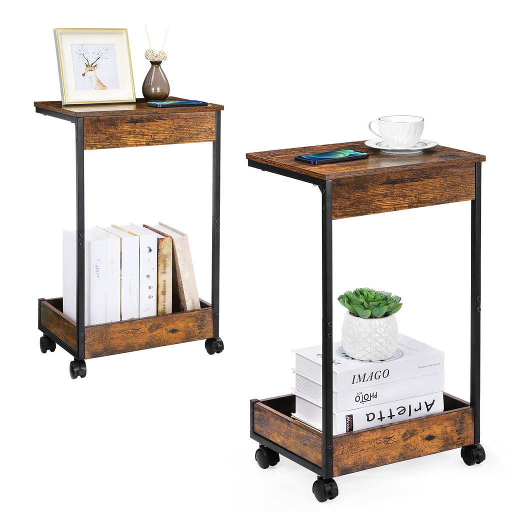Set of 2 C-Shaped End Tables with Rolling Casters, Mobile Sofa Side Table for Laptop & Coffee, Rustic Wood Snack Table for Living Room & Bedroom,