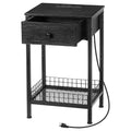 Tall Nightstand with Charging Station, 3-Tier Bedside Table with Storage Drawer & Mesh Basket, Slim End Table for Living Room & Small Spaces,