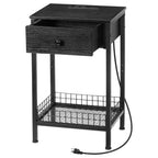 Tall Nightstand with Charging Station, 3-Tier Bedside Table with Storage Drawer & Mesh Basket, Slim End Table for Living Room & Small Spaces,