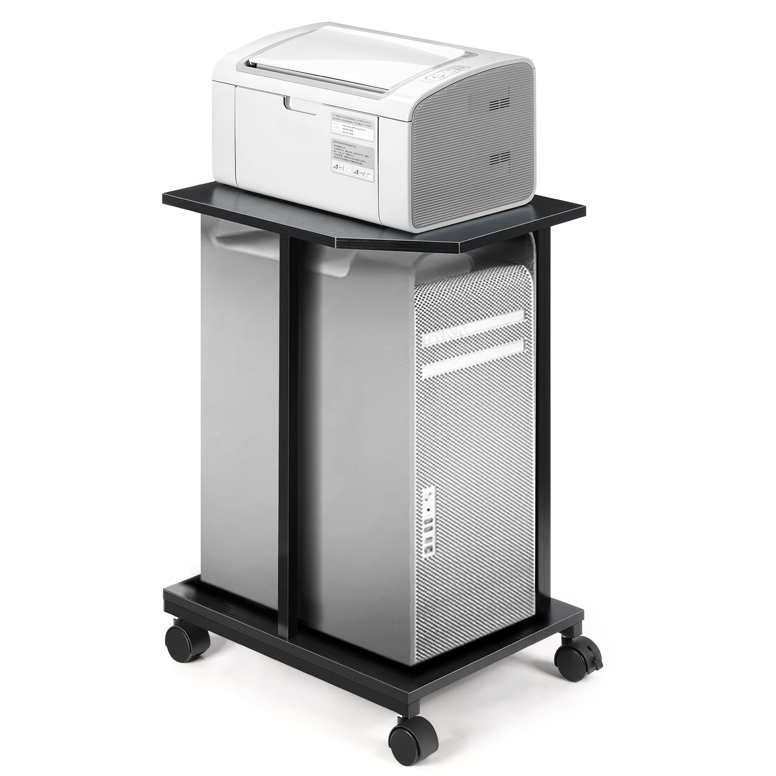 2-Tier Computer Tower Stand with Wheels, Under Desk PC Holder for Large Towers, Rustic Wood Printer Stand Table with Lockable Casters,