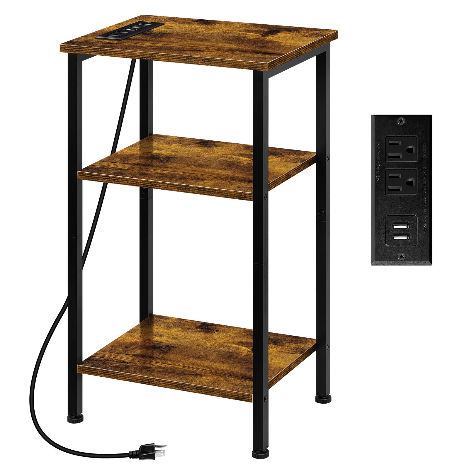 3-Tier Slim Side Table with Charging Station & USB Ports, Industrial End Table with Storage Shelves for Bedroom & Living Room, Rustic Brown,