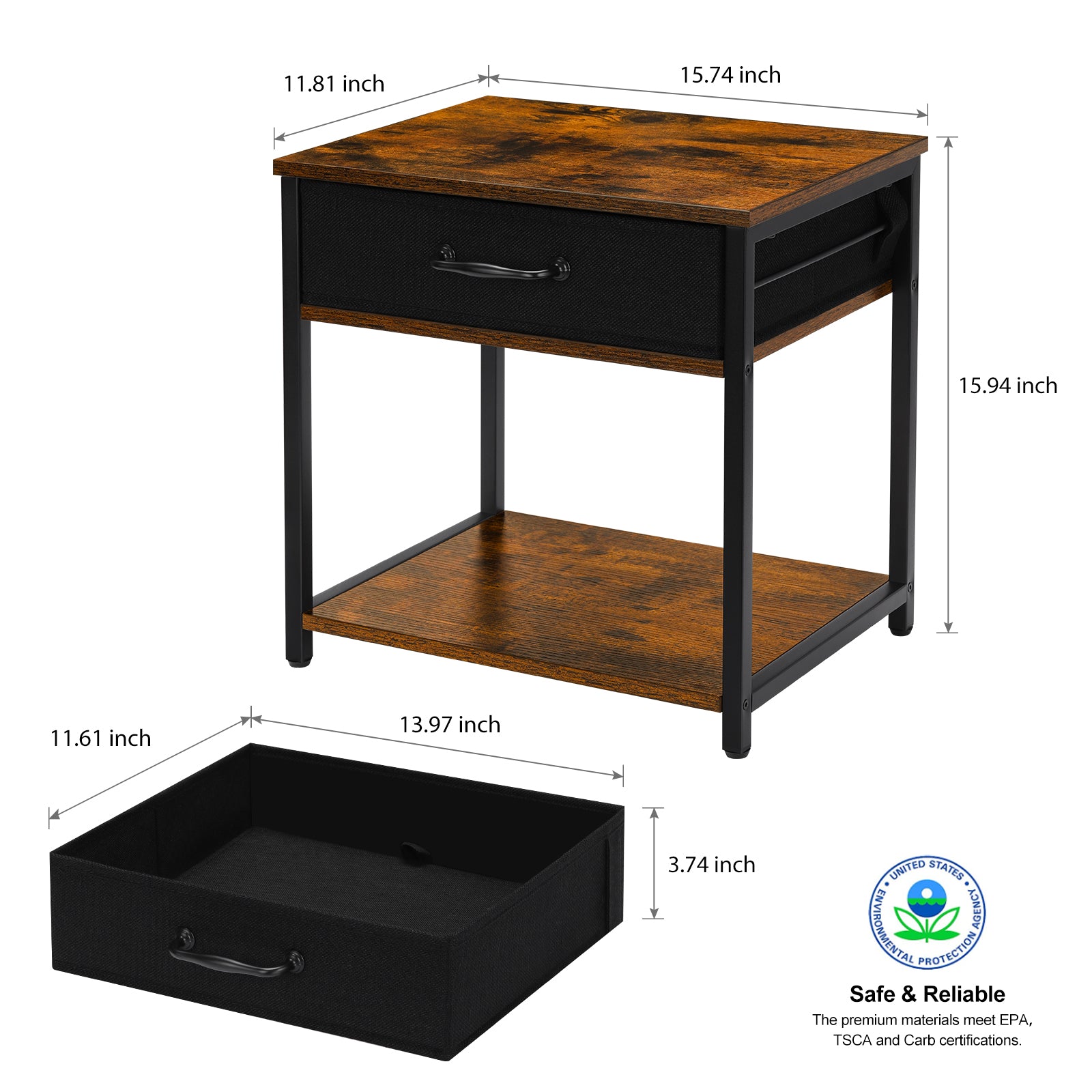 Desktop Printer Stand with Storage, 2-Tier Small Printer Table with Fabric Drawer & Wooden Shelf, Office Organizer for Fax & Scanner,