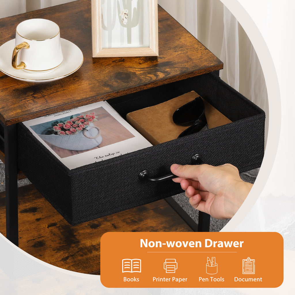 Desktop Printer Stand with Storage, 2-Tier Small Printer Table with Fabric Drawer & Wooden Shelf, Office Organizer for Fax & Scanner,