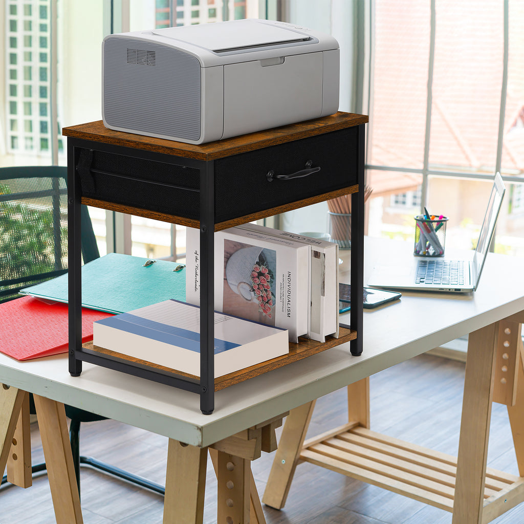 Desktop Printer Stand with Storage, 2-Tier Small Printer Table with Fabric Drawer & Wooden Shelf, Office Organizer for Fax & Scanner,