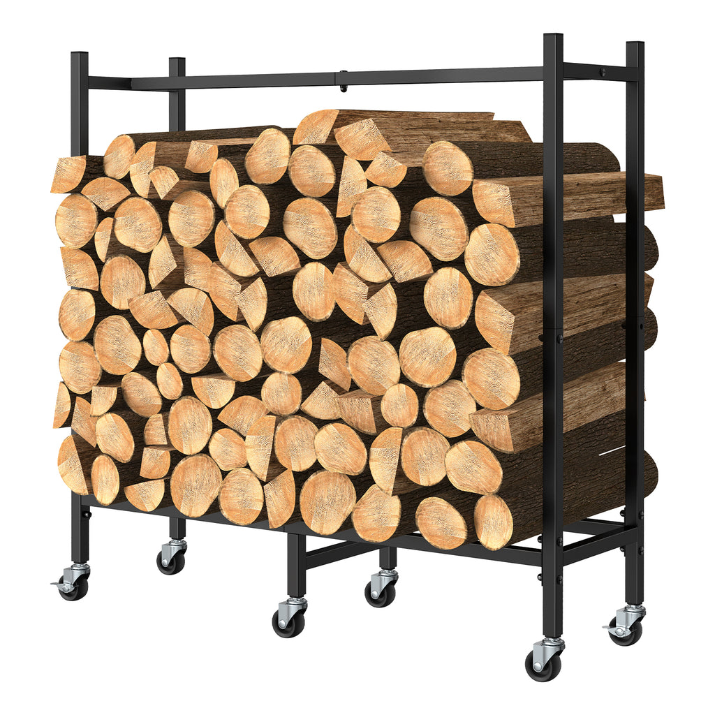 2.6ft Outdoor/Indoor Firewood Storage Rack with Wheels, Heavy-Duty Metal Log Cart for Patio & Fireplace, Matte Black,