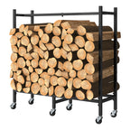 2.6ft Outdoor/Indoor Firewood Storage Rack with Wheels, Heavy-Duty Metal Log Cart for Patio & Fireplace, Matte Black,