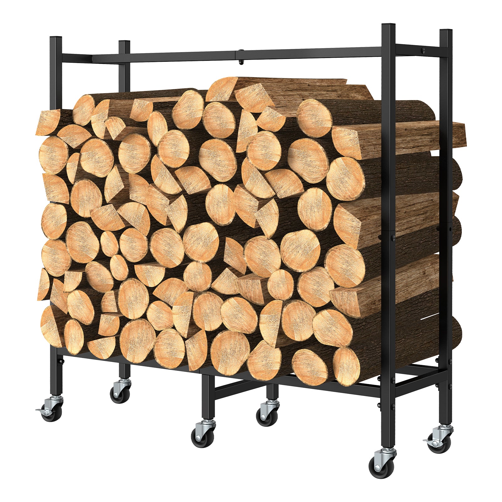 2.6ft Outdoor/Indoor Firewood Storage Rack with Wheels, Heavy-Duty Metal Log Cart for Patio & Fireplace, Matte Black,