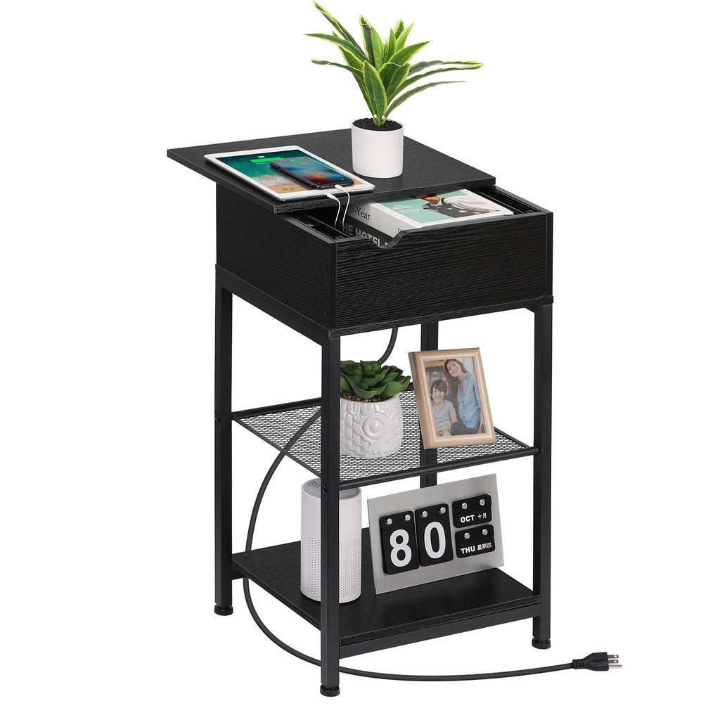 Narrow End Table with Charging Station & Flip-Top Storage, Industrial Side Nightstand with Hidden Drawer & Shelves for Small Spaces,