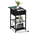 Narrow End Table with Charging Station & Flip-Top Storage, Industrial Side Nightstand with Hidden Drawer & Shelves for Small Spaces,