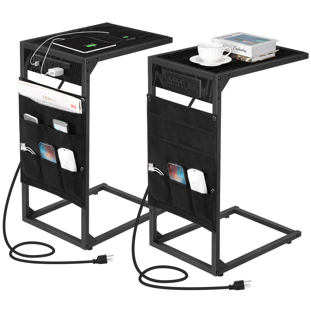Set of 2 C-Shaped Side Tables with Charging Station & Storage Bag, Slide-Under Couch Snack Tables for Living Room & Bedroom,