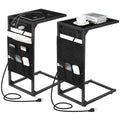 Set of 2 C-Shaped Side Tables with Charging Station & Storage Bag, Slide-Under Couch Snack Tables for Living Room & Bedroom,