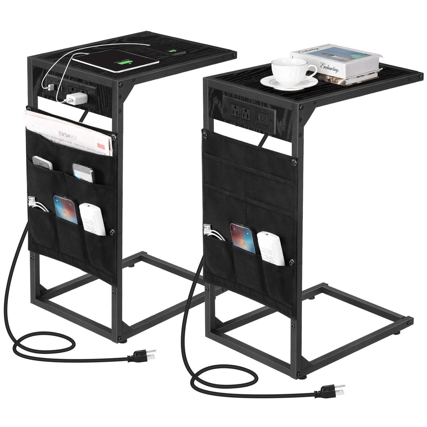 Set of 2 C-Shaped Side Tables with Charging Station & Storage Bag, Slide-Under Couch Snack Tables for Living Room & Bedroom,