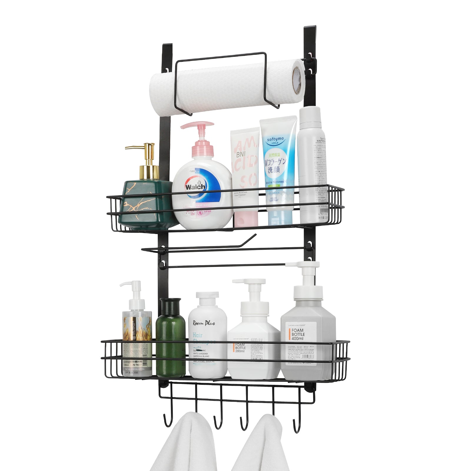 Spice Rack Organizer with Paper Towel Holder & Hooks, 2-Tier Refrigerator Side Storage Shelf, Black