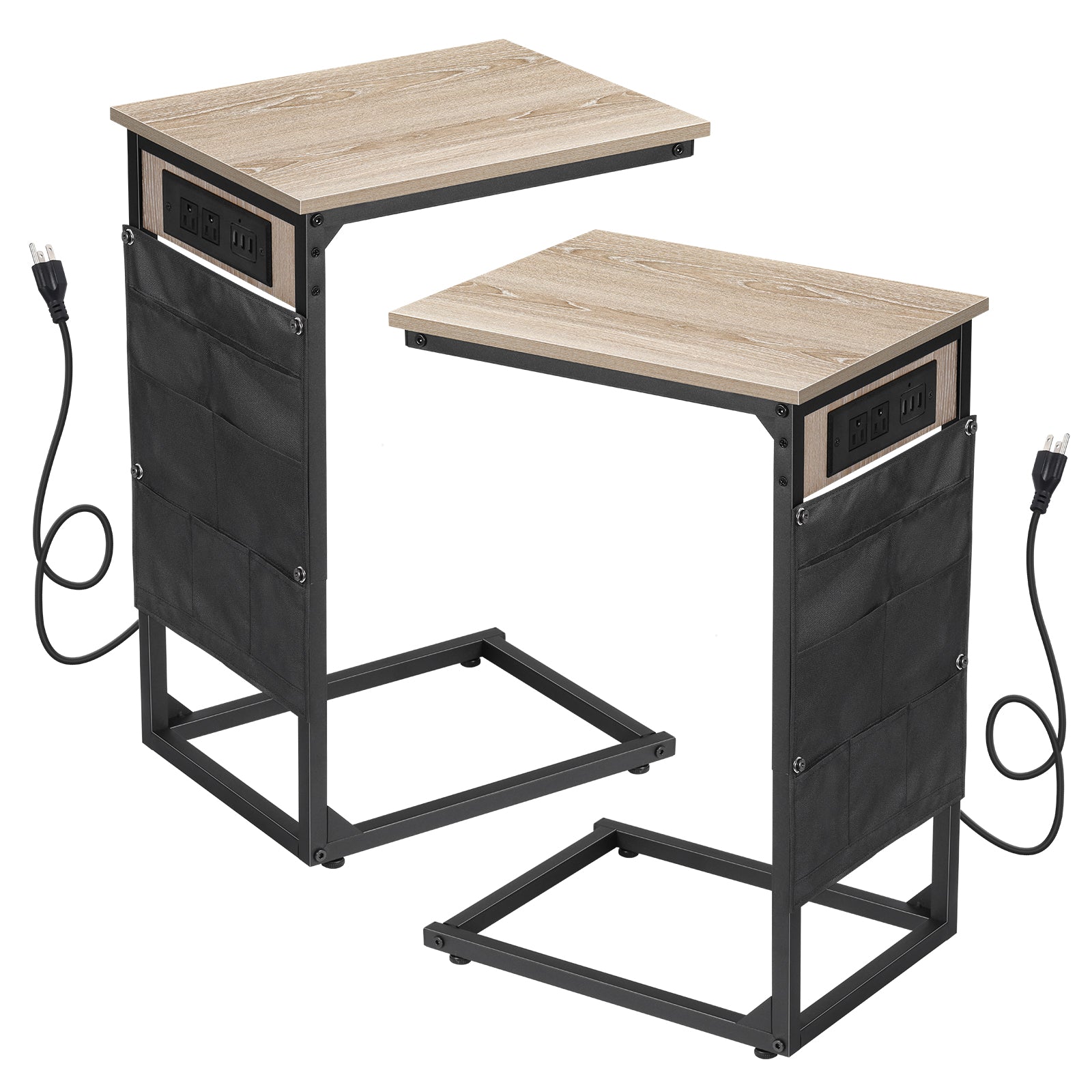 Set of 2 C-Shaped End Tables with Charging Station, Oak Side Tables for Couch & Sofa, Mobile Snack Tables for Bedroom,