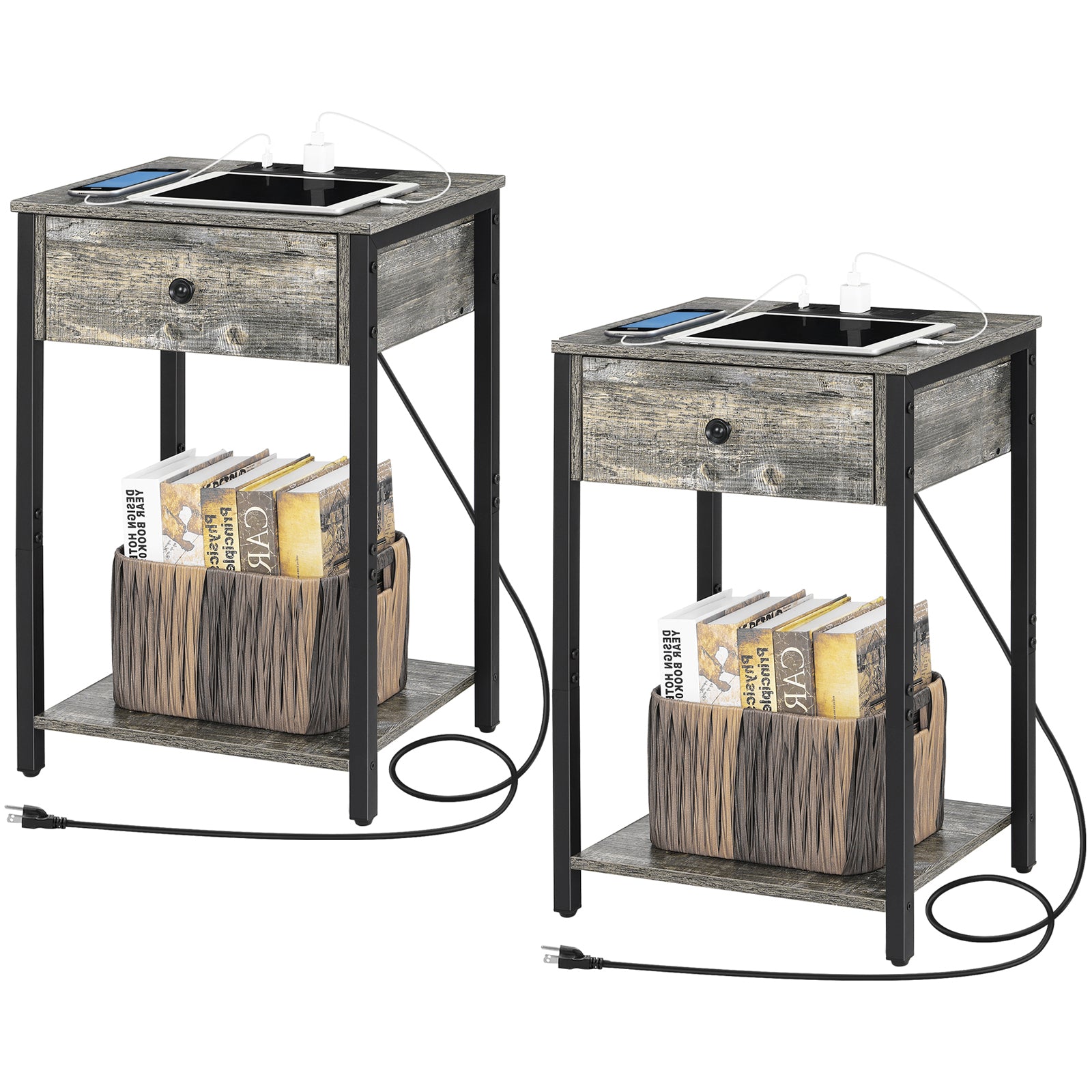 Nightstand with Charging Station & Storage Drawer, 2-Tier Rustic Side Table for Small Spaces, Bedroom & Living Room,