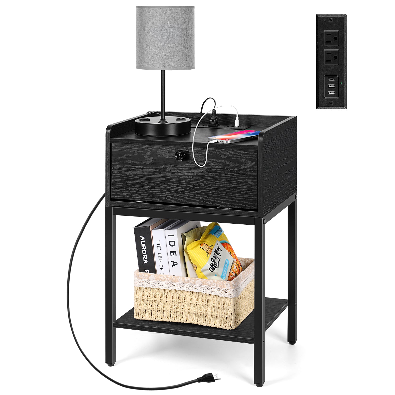 Nightstand with Charging Station & Flip-Top Storage, 3-Tier Bedside Table with Outlets & USB, Black Side Table for Small Spaces,