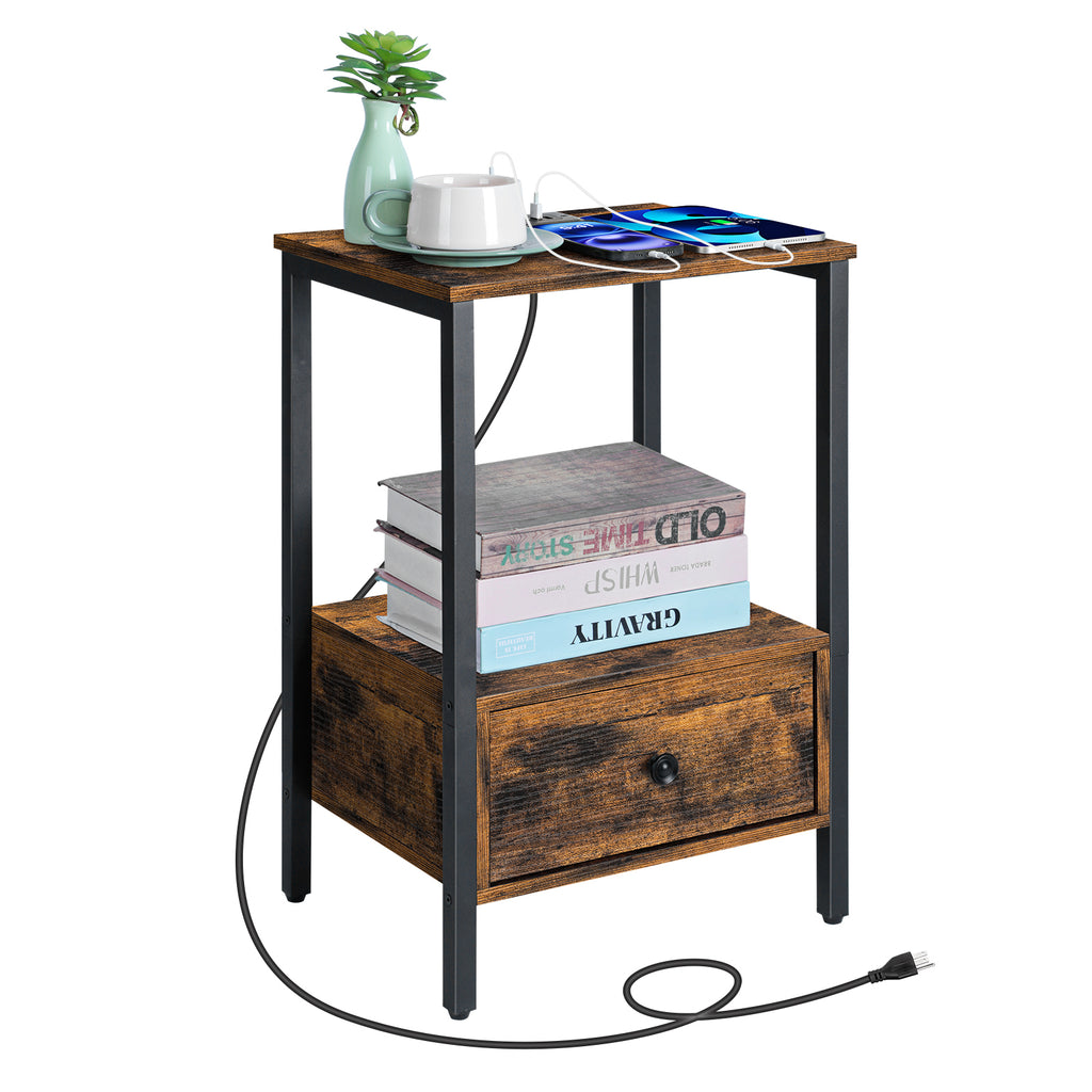 2-Tier Side End Table with Charging Station & Wooden Drawer, Rustic Bedside Nightstand for Bedroom & Workplace,