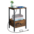 2-Tier Side End Table with Charging Station & Wooden Drawer, Rustic Bedside Nightstand for Bedroom & Workplace,