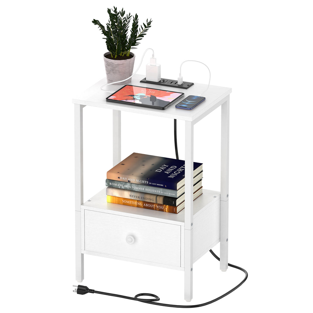 2-Tier Side End Table with Charging Station & Wooden Drawer, Rustic Bedside Nightstand for Bedroom & Workplace,