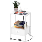 2-Tier Side End Table with Charging Station & Wooden Drawer, Rustic Bedside Nightstand for Bedroom & Workplace,