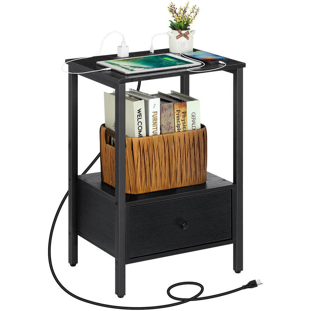 2-Tier Side End Table with Charging Station & Wooden Drawer, Rustic Bedside Nightstand for Bedroom & Workplace,