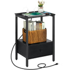 2-Tier Side End Table with Charging Station & Wooden Drawer, Rustic Bedside Nightstand for Bedroom & Workplace,
