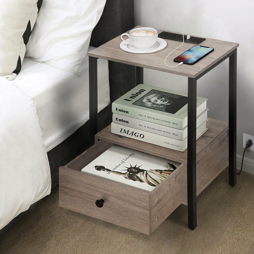 2-Tier Side End Table with Charging Station & Wooden Drawer, Rustic Bedside Nightstand for Bedroom & Workplace,