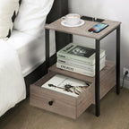 2-Tier Side End Table with Charging Station & Wooden Drawer, Rustic Bedside Nightstand for Bedroom & Workplace,