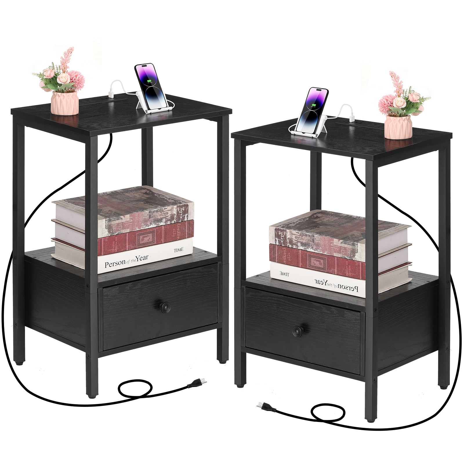 Set of 2 Nightstands with Charging Station & Fabric Drawers, 24" H Gray Bedside Tables for Apartment & Small Bedroom,