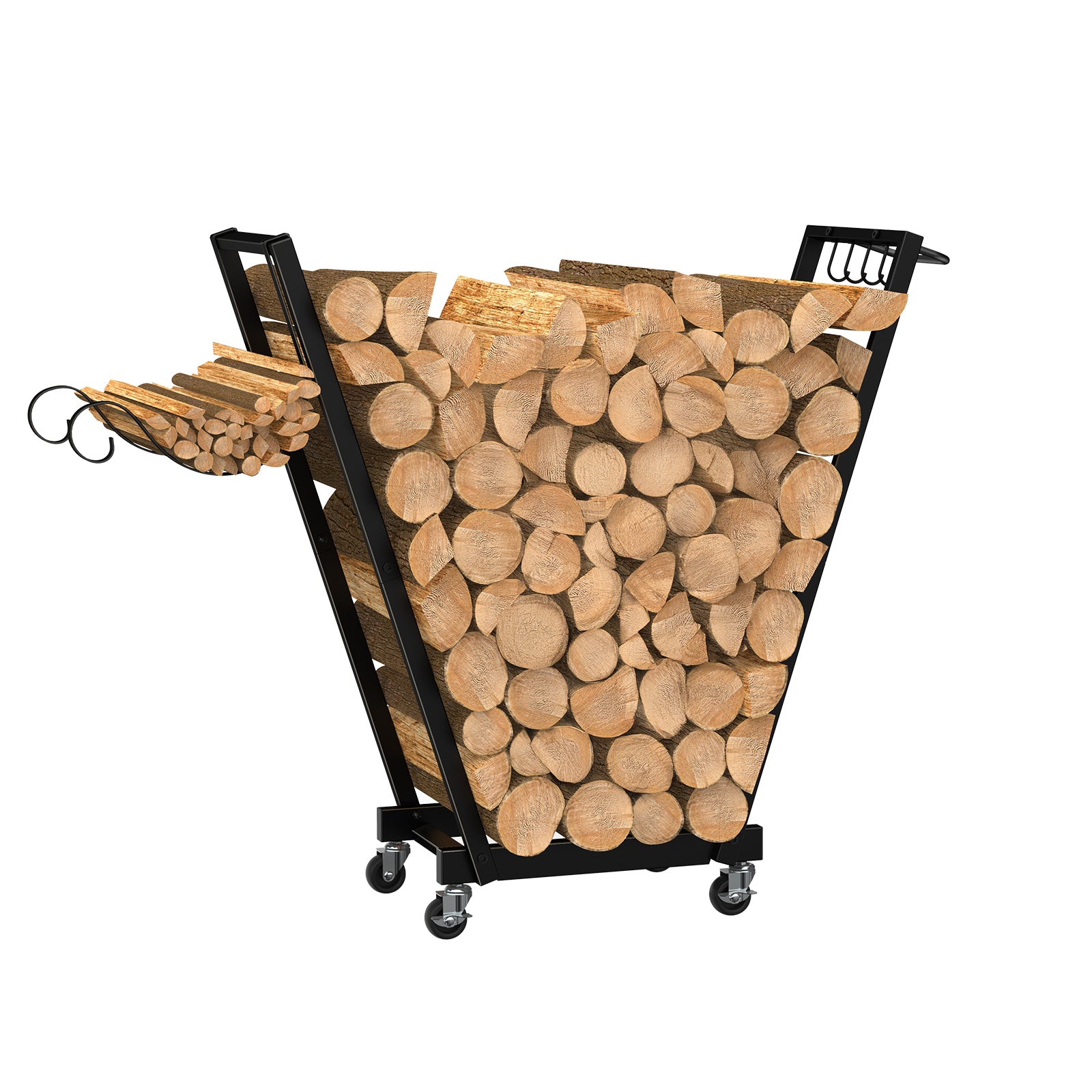 Rolling Firewood Cart with Handle & 4 Hooks, Portable Log Rack for Indoor/Outdoor Use, with Removable Kindling Rack,