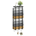 Wall Mounted Towel Rack with Wood Shelf & 6 Hooks, Metal Bathroom Organizer for Large Rolled Towels, Black,