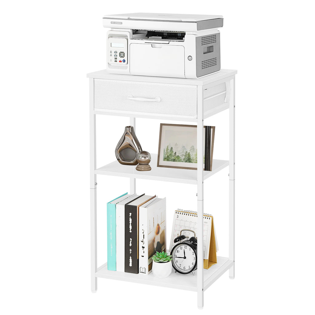 3-Tier White Printer Stand with Fabric Drawer, Desktop Book Organizer Holder for Side Table, Office & Home,