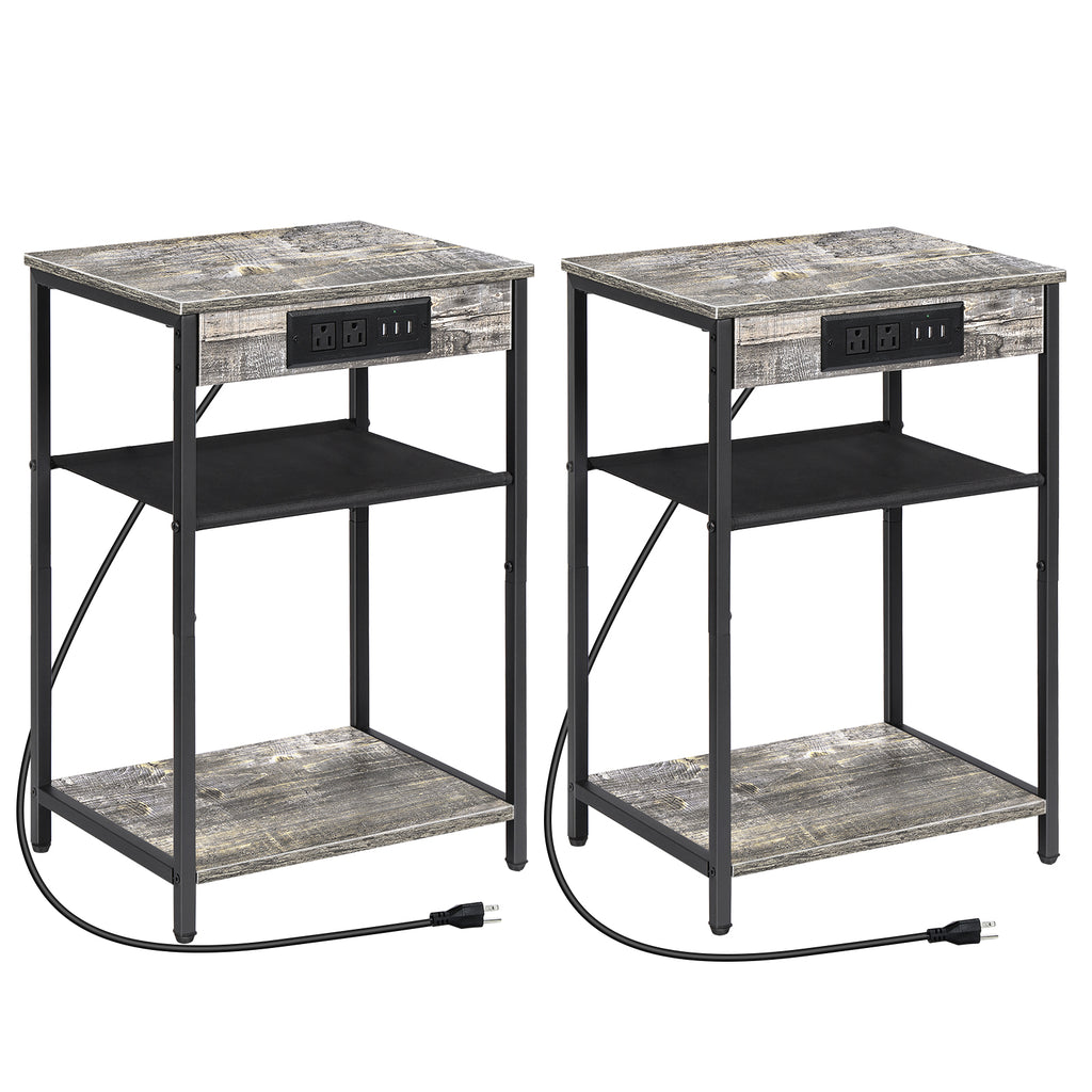 Set of 2 Nightstands with Charging Station, 3-Tier Narrow End Table with USB & Outlets for Bedroom, Gray,