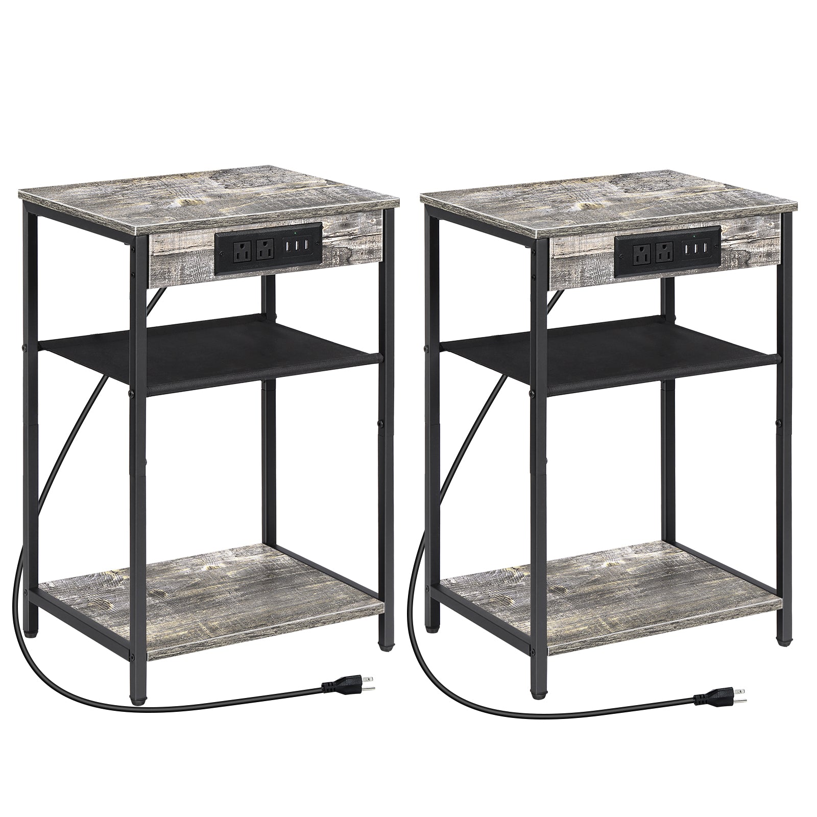 Set of 2 Nightstands with Charging Station, 3-Tier Narrow End Table with USB & Outlets for Bedroom, Gray,