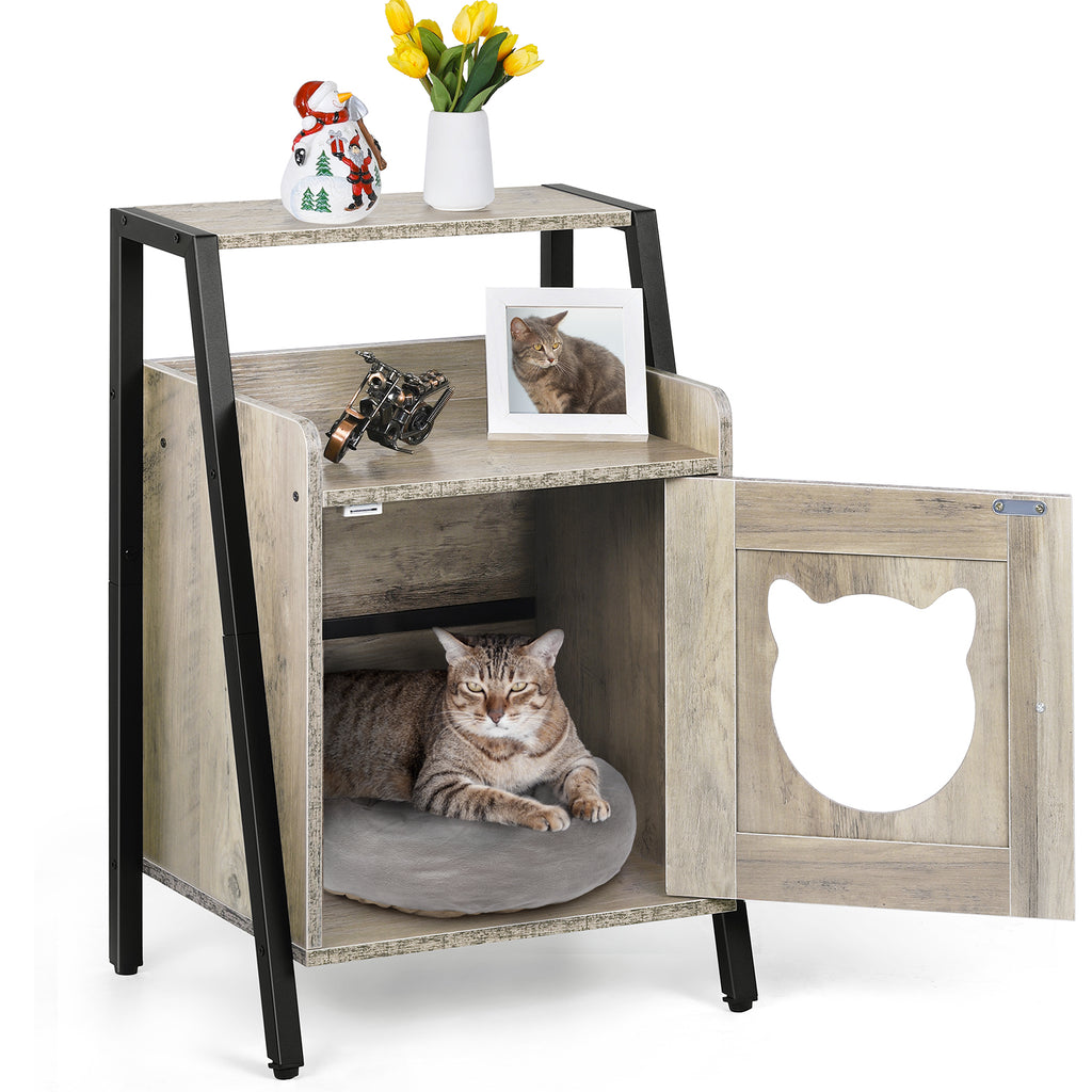 Cat Litter Box Enclosure & Hidden Furniture House, Decorative Wooden Pet House for Small Kittens, Oak Grey,