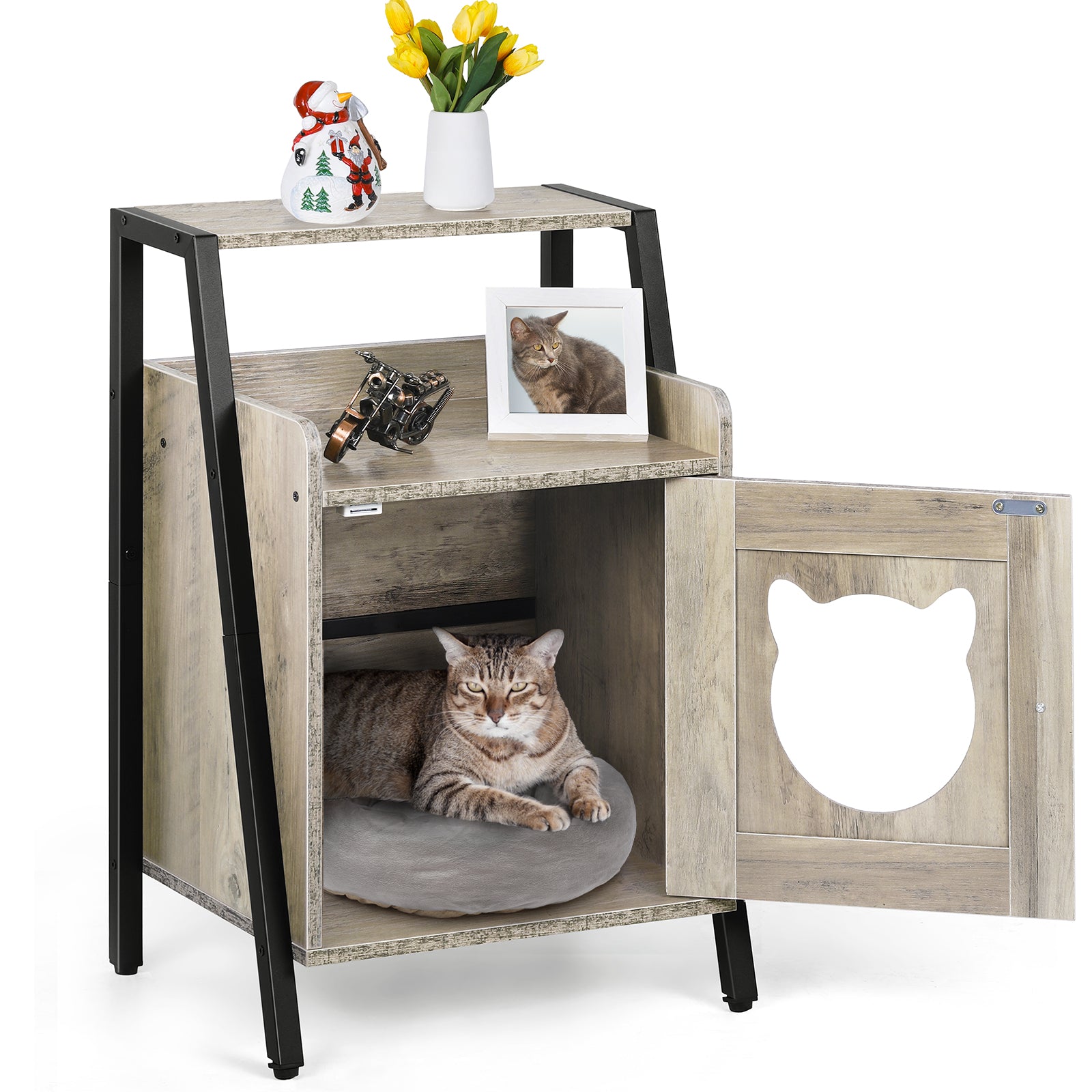Cat Litter Box Enclosure & Hidden Furniture House, Decorative Wooden Pet House for Small Kittens, Oak Grey,